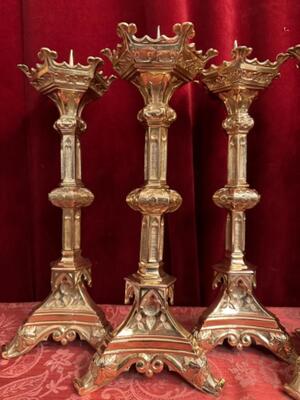 Matching Candle Sticks Height Without Pin. style Gothic - Style en Brass / Bronze / Polished and Varnished, Belgium  19 th century ( Anno 1885 )