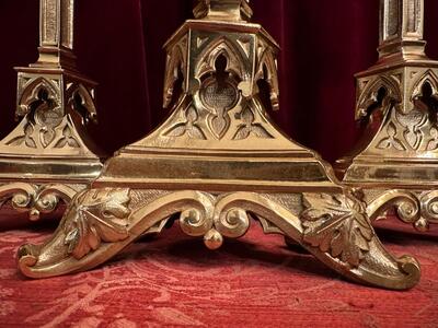 Matching Candle Sticks Height Without Pin. style Gothic - Style en Brass / Bronze / Polished and Varnished, Belgium  19 th century ( Anno 1885 )