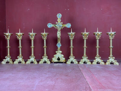 Stunning And Very High Quality Altar Set  style Gothic - style en Brass / Bronze / Polished and Varnished / Silver Plated Applications, Belgium  19 th century ( Anno 1865 )