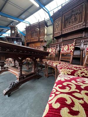 Table Adjustable With Chairs style Gothic - Style en Oak wood / Fabrics, France 19 th century