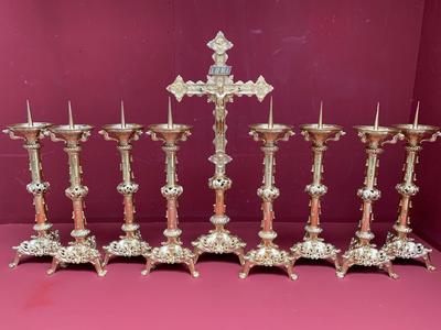 Exceptional Altar Set Measures Cross H 98 Cm X W 45 Cm X D 28 Cm. Measures Candle Sticks Without Pin 60 Cm. Stamped : L. Figaret à Paris & Alfred Darcel   style Romanesque en Brass / Polished / New Varnished, France 19th century ( anno 1875 )