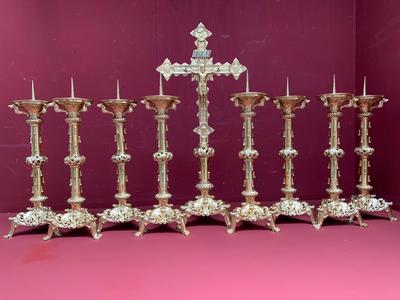 Exceptional Altar Set Measures Cross H 98 Cm X W 45 Cm X D 28 Cm. Measures Candle Sticks Without Pin 60 Cm. Stamped : L. Figaret à Paris & Alfred Darcel   style Romanesque en Brass / Polished / New Varnished, France 19th century ( anno 1875 )