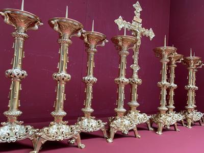 Exceptional Altar Set Measures Cross H 98 Cm X W 45 Cm X D 28 Cm. Measures Candle Sticks Without Pin 60 Cm. Stamped : L. Figaret à Paris & Alfred Darcel   style Romanesque en Brass / Polished / New Varnished, France 19th century ( anno 1875 )