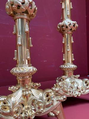 Exceptional Altar Set Measures Cross H 98 Cm X W 45 Cm X D 28 Cm. Measures Candle Sticks Without Pin 60 Cm. Stamped : L. Figaret à Paris & Alfred Darcel   style Romanesque en Brass / Polished / New Varnished, France 19th century ( anno 1875 )