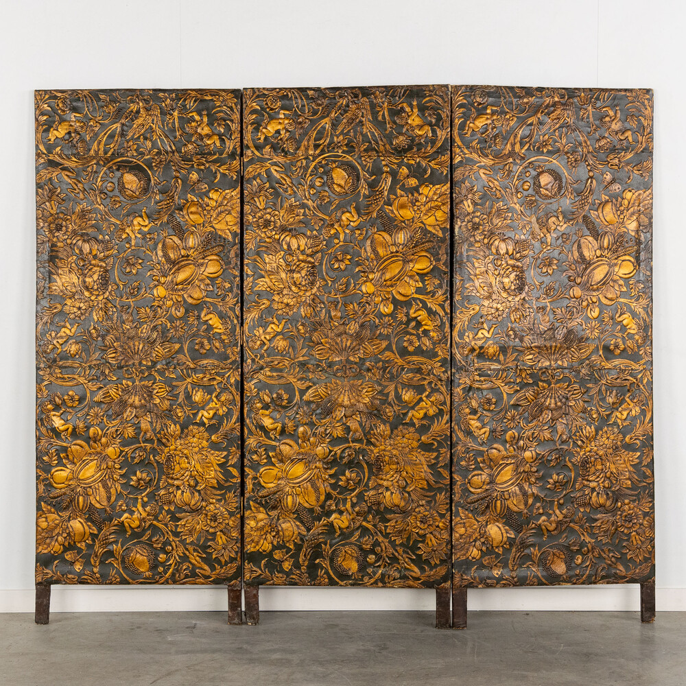 Classicistic A Three-Piece Room Divider, Cordoba Leather, Saint Sebastian In A Landscape, Oil On Leather