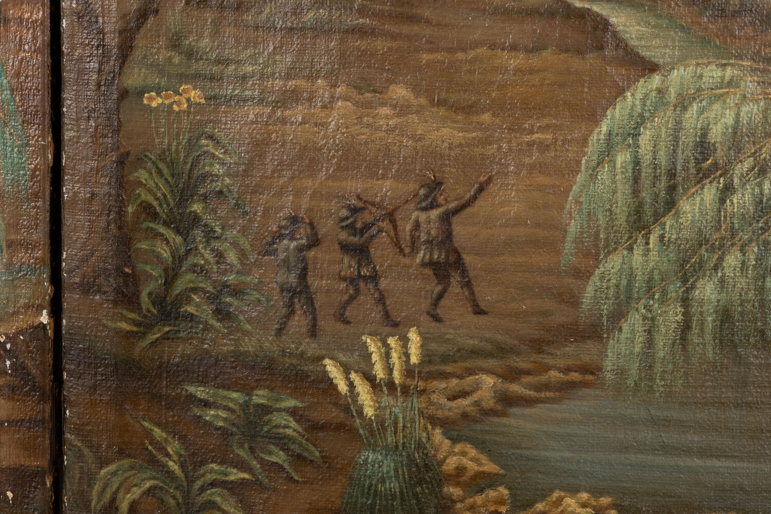 Classicistic A Three-Piece Room Divider, Cordoba Leather, Saint Sebastian In A Landscape, Oil On Leather