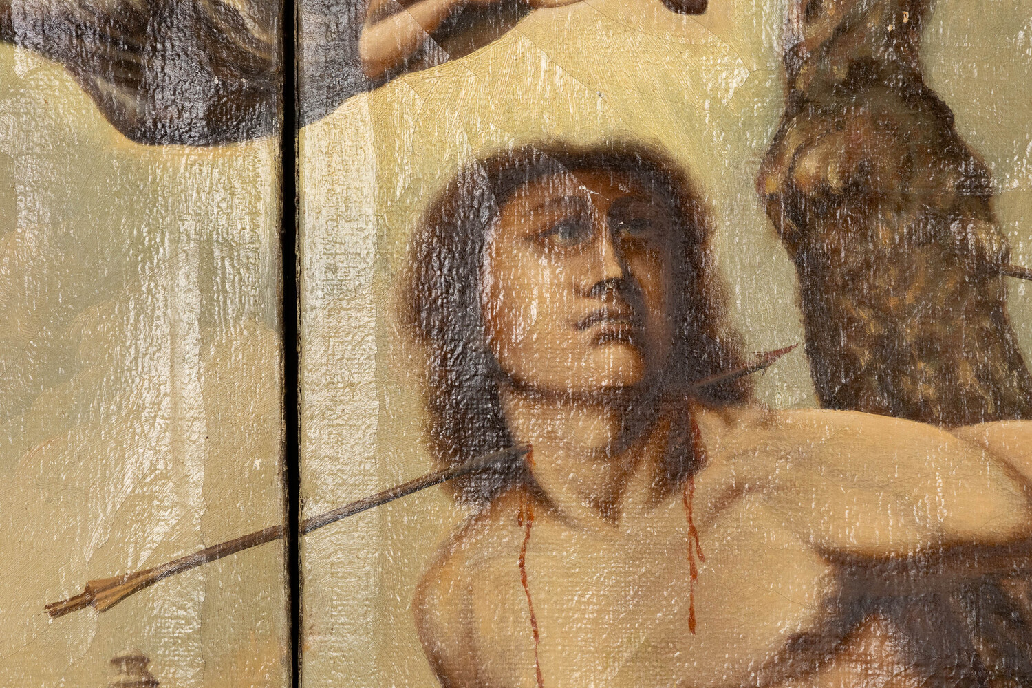 Classicistic A Three-Piece Room Divider, Cordoba Leather, Saint Sebastian In A Landscape, Oil On Leather