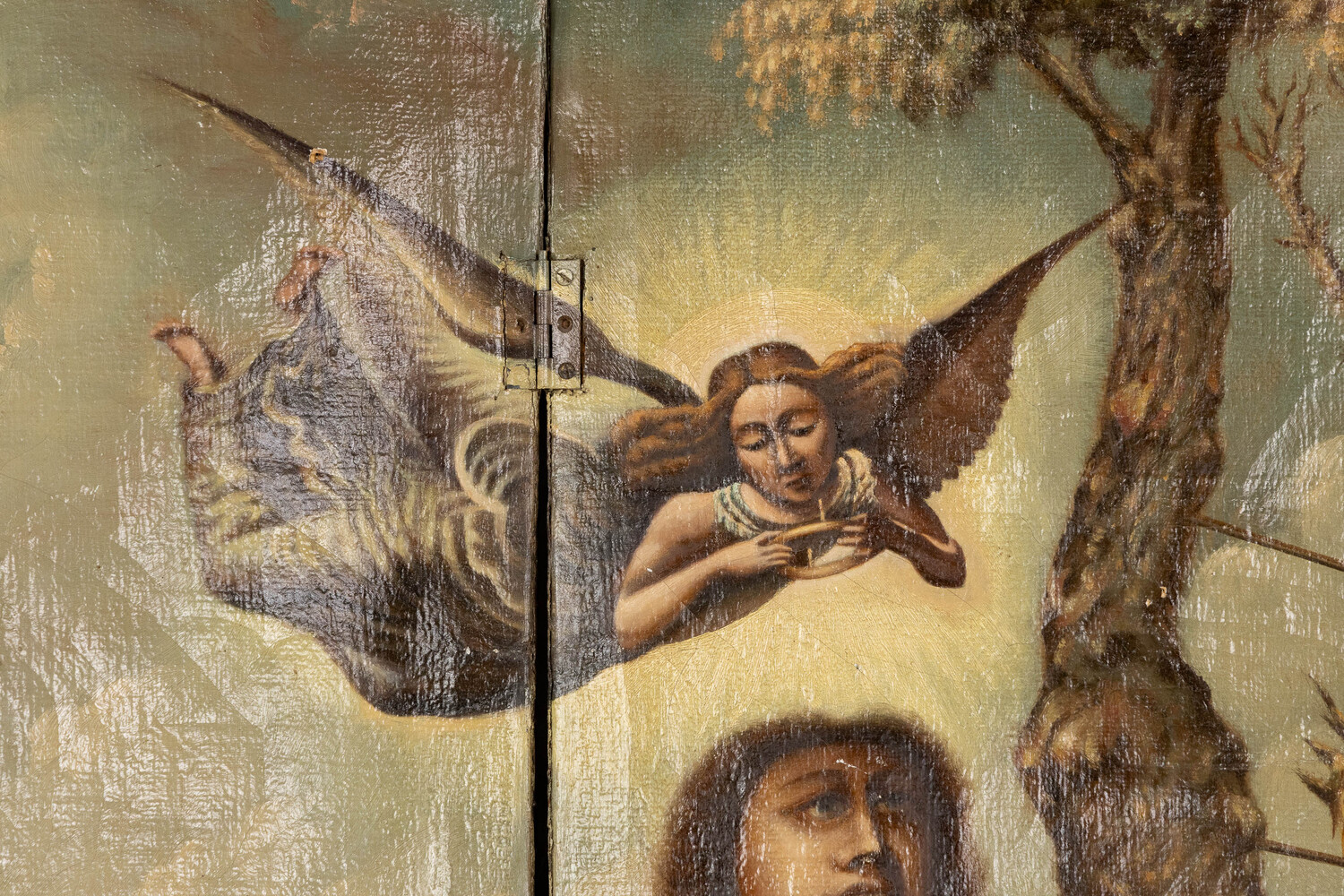 Classicistic A Three-Piece Room Divider, Cordoba Leather, Saint Sebastian In A Landscape, Oil On Leather