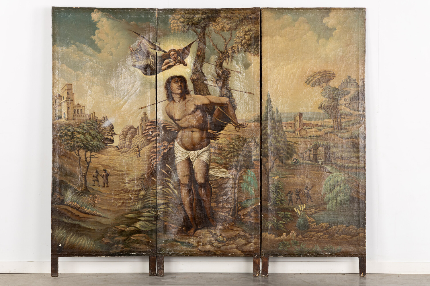 Classicistic A Three-Piece Room Divider, Cordoba Leather, Saint Sebastian In A Landscape, Oil On Leather