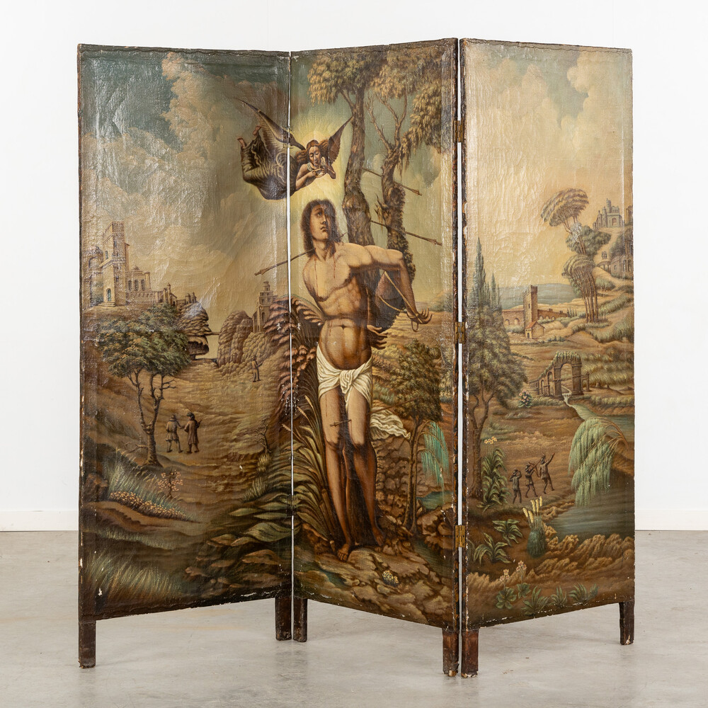 Classicistic A Three-Piece Room Divider, Cordoba Leather, Saint Sebastian In A Landscape, Oil On Leather