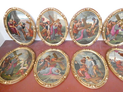 Complete Series : 14 Stations Of The Cross. Expected Better Pictures Soon ! en Wooden Frames / Hand - Painted Oil on Linen, Belgium  19 th century