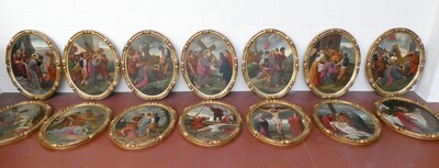 Complete Series : 14 Stations Of The Cross. Expected Better Pictures Soon ! en Wooden Frames / Hand - Painted Oil on Linen, Belgium  19 th century