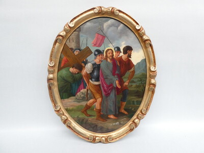 Complete Series : 14 Stations Of The Cross. Expected Better Pictures Soon ! en Wooden Frames / Hand - Painted Oil on Linen, Belgium  19 th century