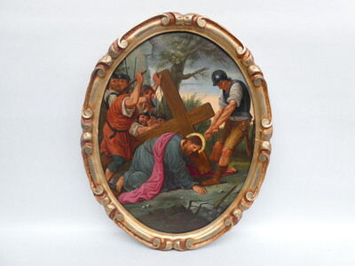 Complete Series : 14 Stations Of The Cross. Expected Better Pictures Soon ! en Wooden Frames / Hand - Painted Oil on Linen, Belgium  19 th century