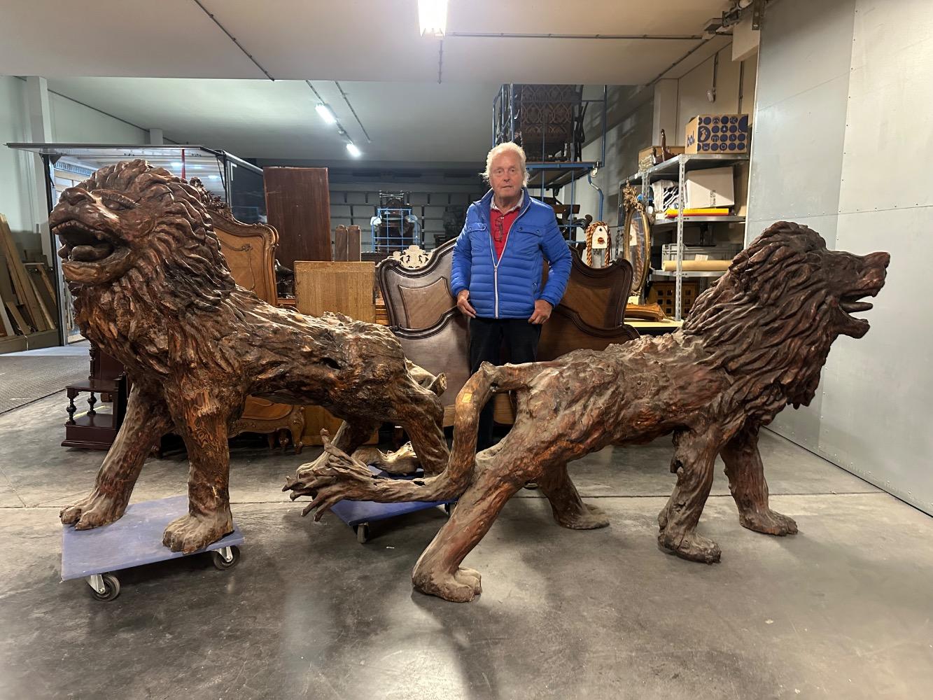 Exceptional Pair Of Matching Life-Size Lions Completely Hand-Cut From Oriental Primal Trees