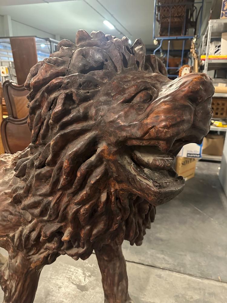 Exceptional Pair Of Matching Life-Size Lions Completely Hand-Cut From Oriental Primal Trees