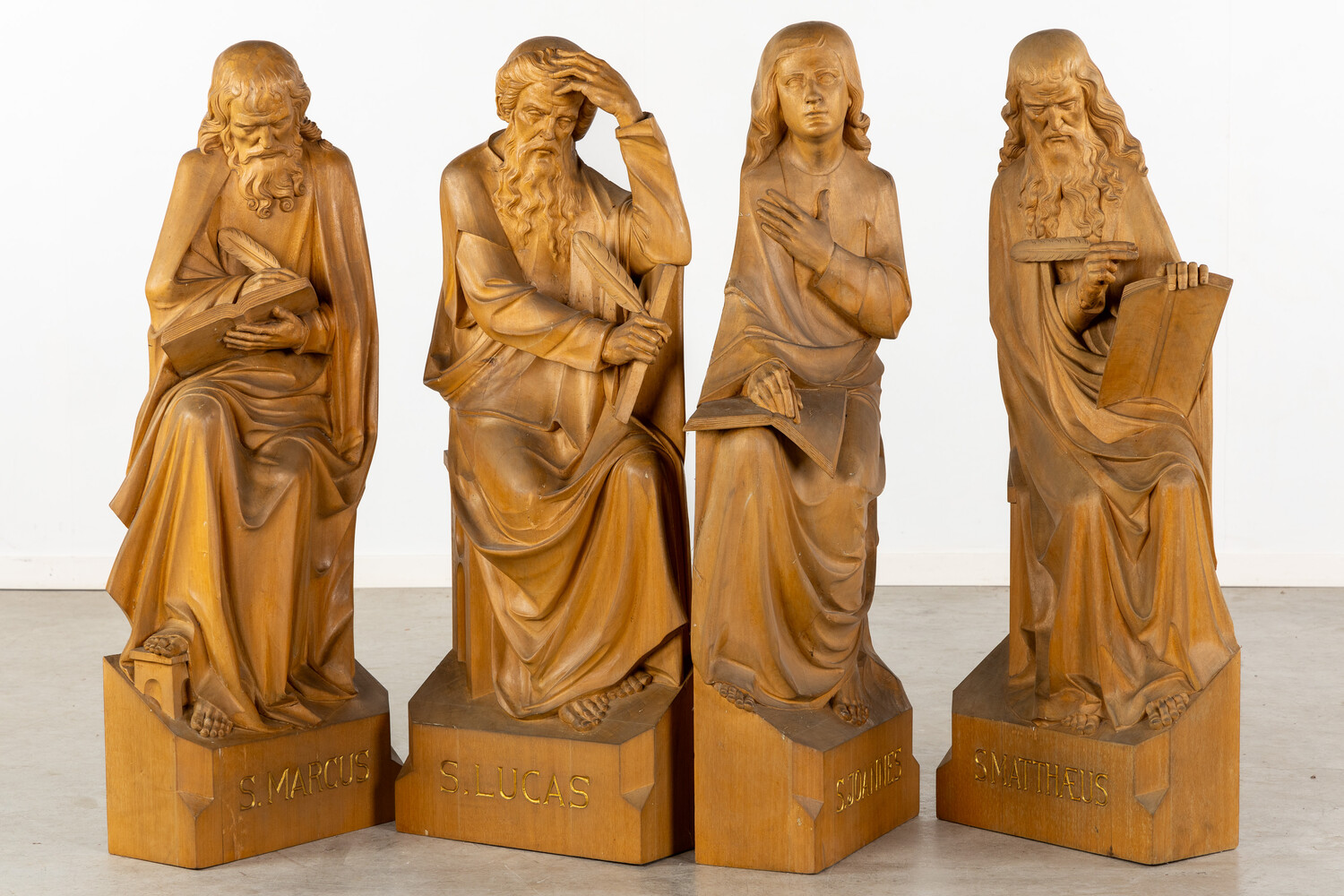 Four Exceptional Wood Sculptures Of The Four Evangelists. (L:44 X W:18 X H:115 Cm)