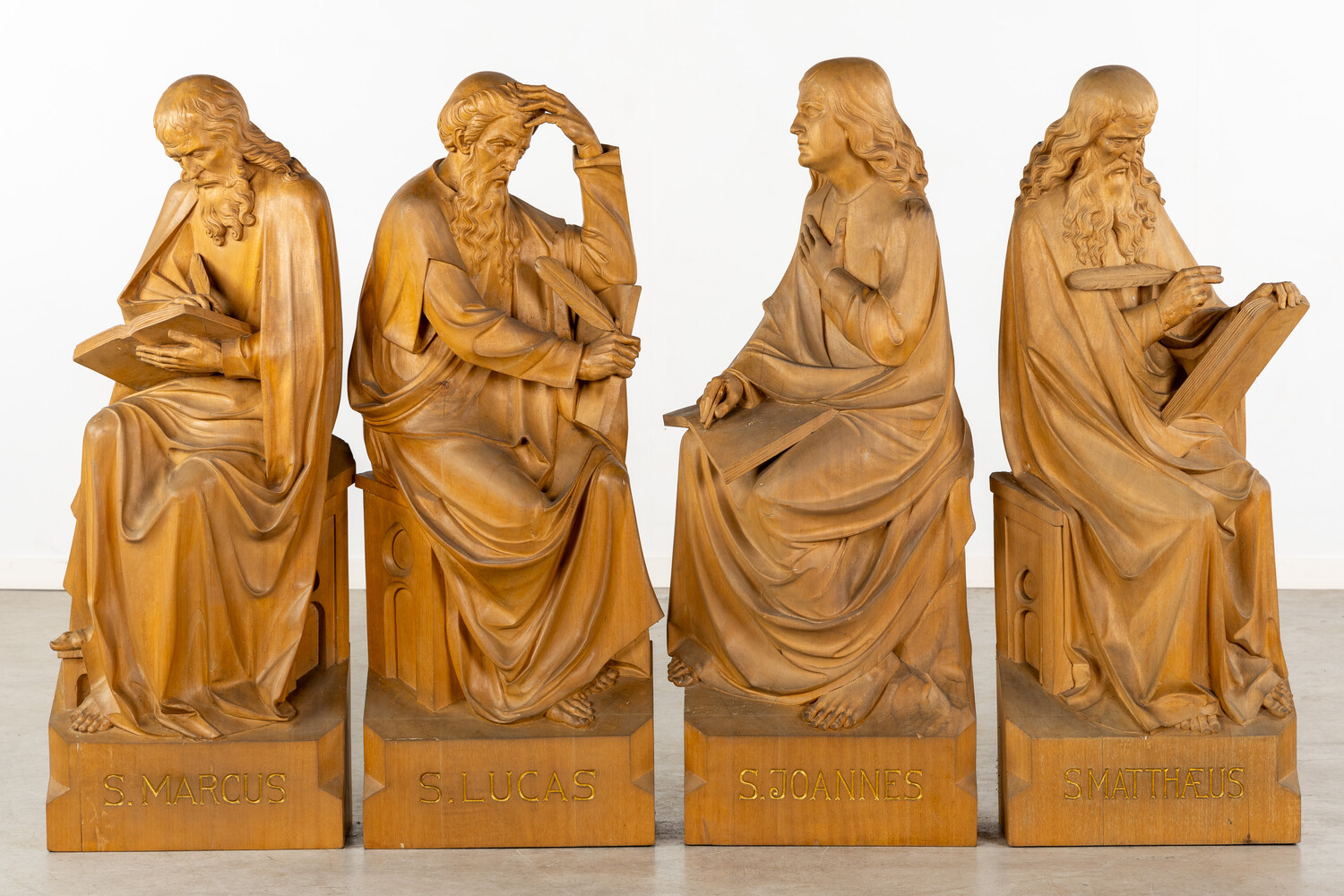 Four Exceptional Wood Sculptures Of The Four Evangelists. (L:44 X W:18 X H:115 Cm)