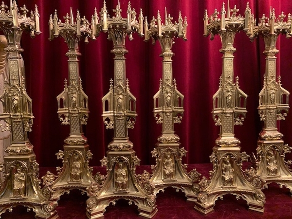 Large High Quality Antique Gothic Brass Church Altar Candlesticks