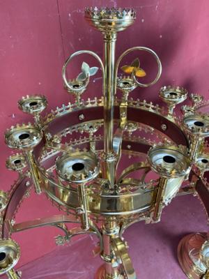 Matching Pair Of Candelabra. style Gothic - style en Brass / Bronze / Polished and Varnished, Belgium  19 th century ( Anno 1890 )