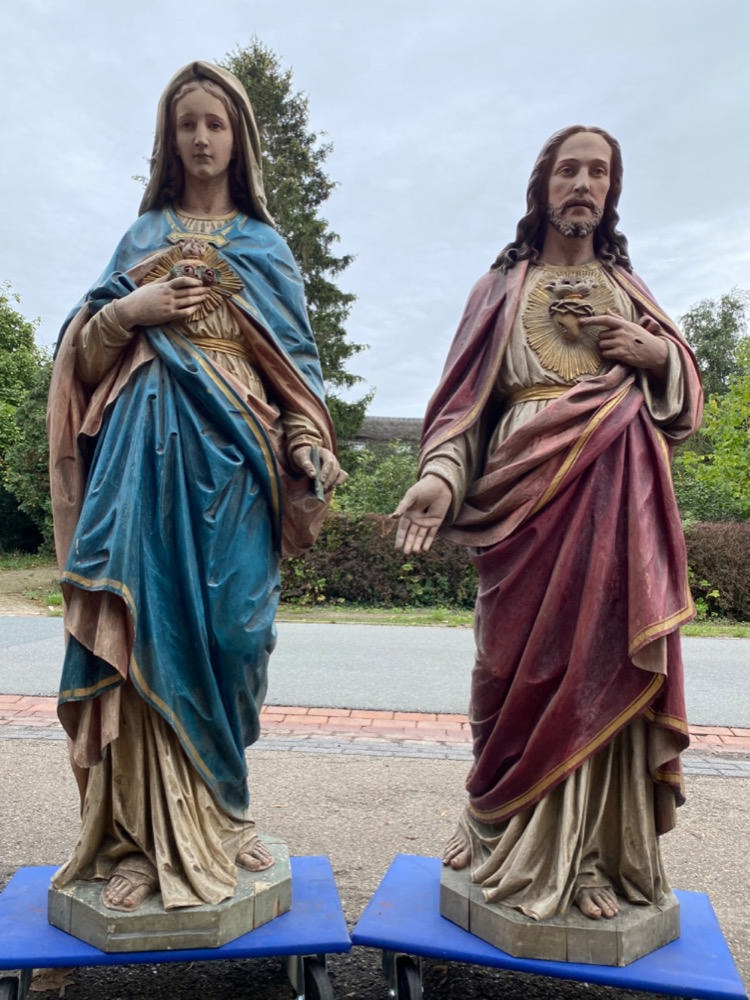 Gothic - style Pair Of Fully Hand - Carved Matching Statues : Sacred Hearts Of St. Mary & Jesus