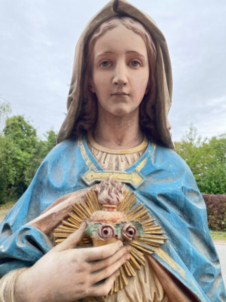 Gothic - style Pair Of Fully Hand - Carved Matching Statues : Sacred Hearts Of St. Mary & Jesus