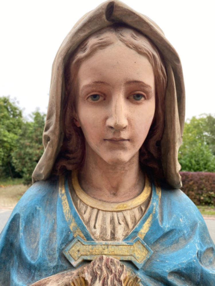 Gothic - style Pair Of Fully Hand - Carved Matching Statues : Sacred Hearts Of St. Mary & Jesus