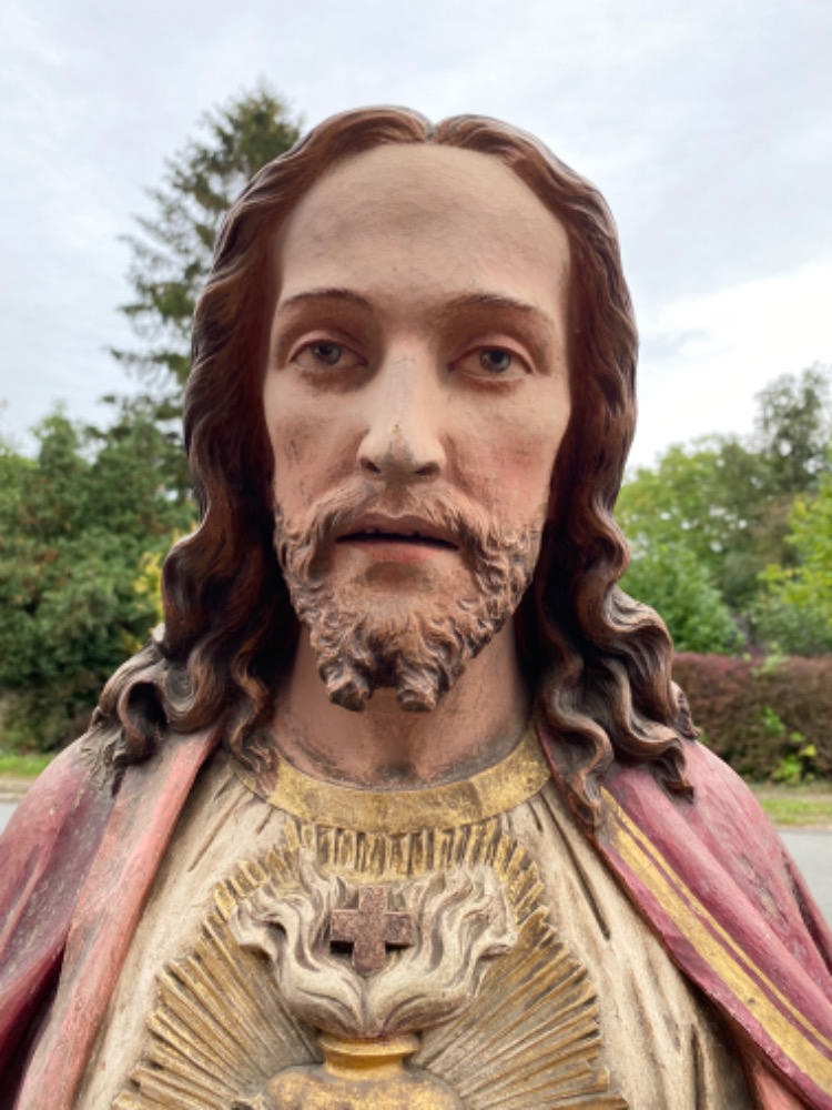 Gothic - style Pair Of Fully Hand - Carved Matching Statues : Sacred Hearts Of St. Mary & Jesus