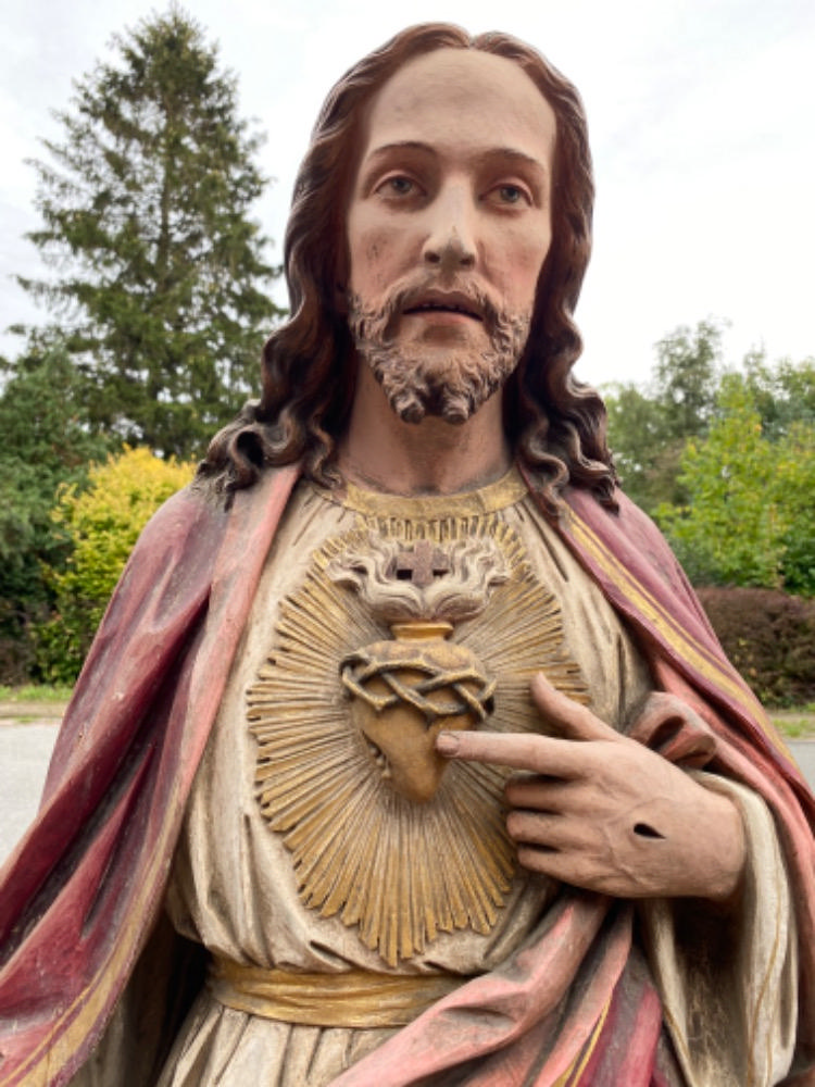 Gothic - style Pair Of Fully Hand - Carved Matching Statues : Sacred Hearts Of St. Mary & Jesus