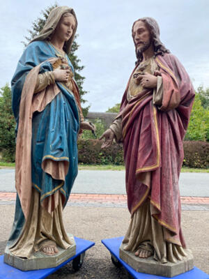 Pair Of Fully Hand - Carved Matching Statues : Sacred Hearts Of St. Mary & Jesus style Gothic - style en Hand - Carved Wood , France 19 th century ( Anno 1880 )