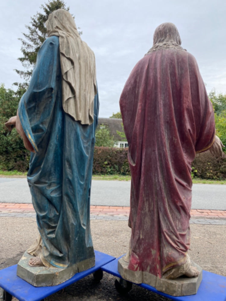 Gothic - style Pair Of Fully Hand - Carved Matching Statues : Sacred Hearts Of St. Mary & Jesus