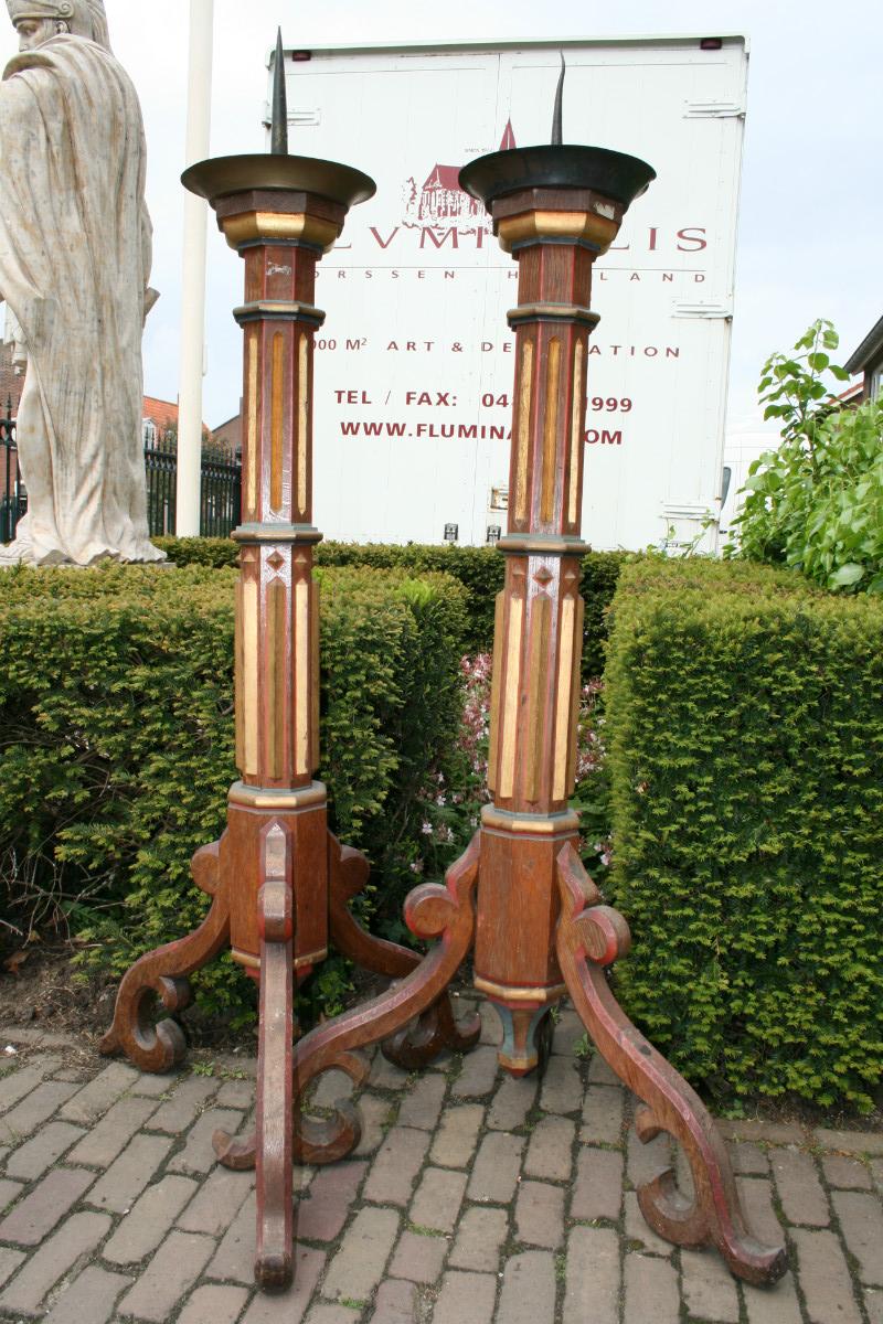 Gothic - Style Pair Of Matching Large Full Oak Candlesticks