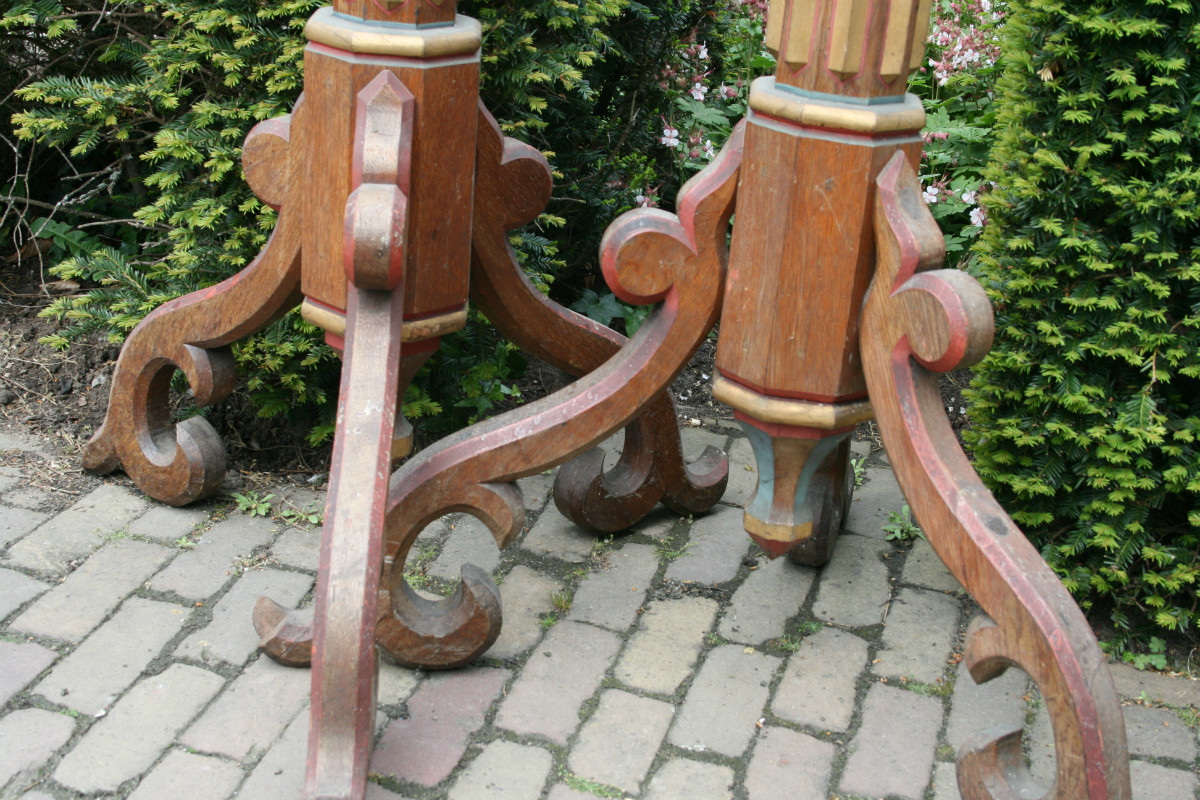 Gothic - Style Pair Of Matching Large Full Oak Candlesticks