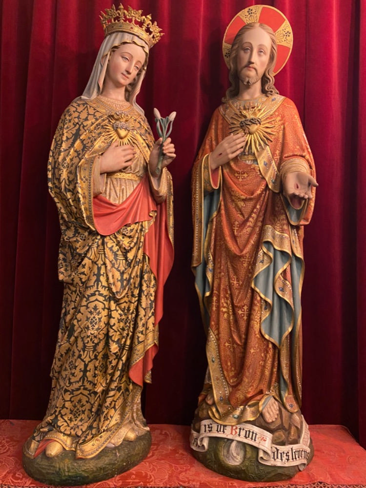 Gothic - Style Very High Quality Matching Pair Of Sculptures The Sacred Hearts Of St. Mary & Jesus