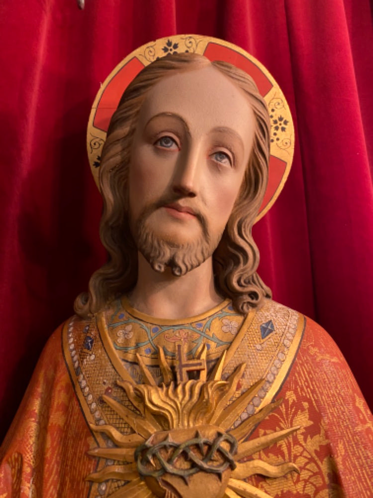 Gothic - Style Very High Quality Matching Pair Of Sculptures The Sacred Hearts Of St. Mary & Jesus