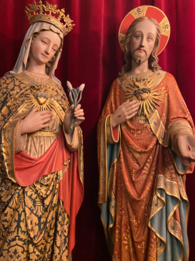 Gothic - Style Very High Quality Matching Pair Of Sculptures The Sacred Hearts Of St. Mary & Jesus