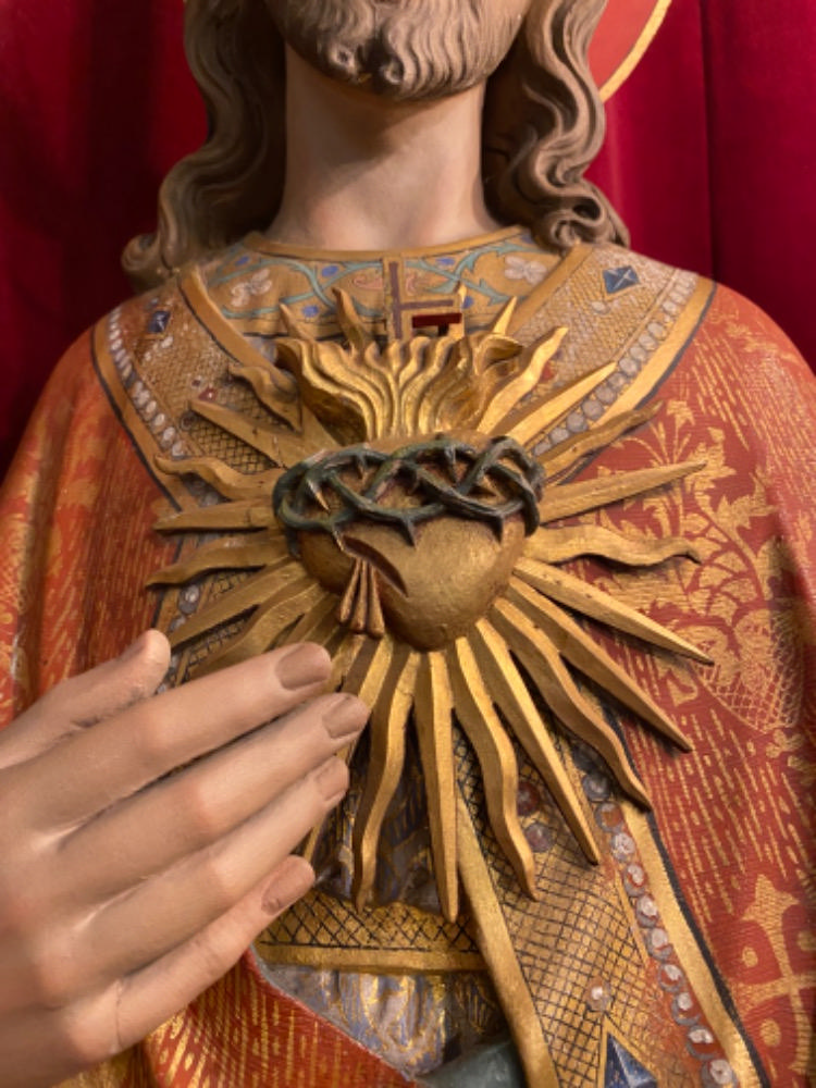 Gothic - Style Very High Quality Matching Pair Of Sculptures The Sacred Hearts Of St. Mary & Jesus