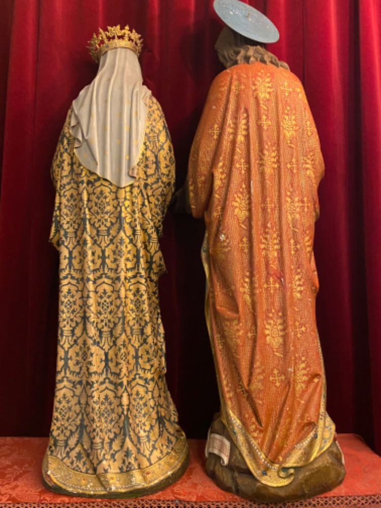 Gothic - Style Very High Quality Matching Pair Of Sculptures The Sacred Hearts Of St. Mary & Jesus