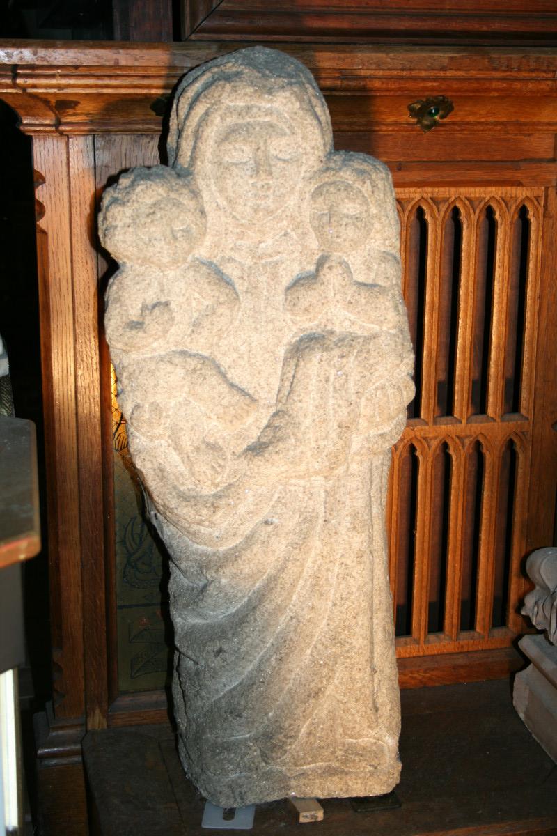 Hand-Carved Full Granite Statue Of The Virgin And The Child With St. Ann,