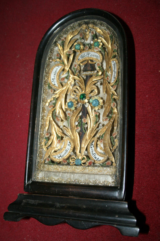 Hand-Made Timber Reliquary , Relics And 'Touch-Nail' Behind Glass , Embroidery / Metal Blossom-Tendrils