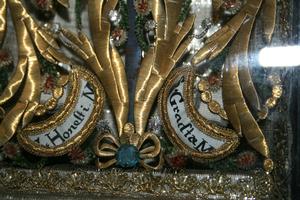 Hand-Made Timber Reliquary , Relics And 'Touch-Nail' Behind Glass , Embroidery / Metal Blossom-Tendrils  Southern-Austria 18 th century