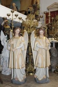 Angels. Total Height : 180 Cm. With Chandeliers. en Terra-Cotta polychrome, France 19th century