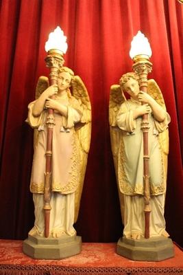 Angels With Torches en plaster polychrome, France 19th century