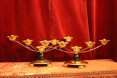 Candle Holders style ART - DECO en Brass / Bronze / Ebony wood /New Polished and Varnished, Belgium 20th century (Anno 1930)