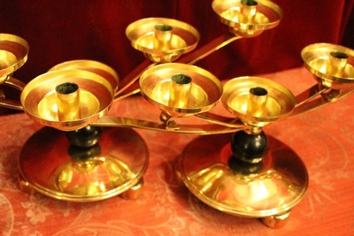 Candle Holders style ART - DECO en Brass / Bronze / Ebony wood /New Polished and Varnished, Belgium 20th century (Anno 1930)