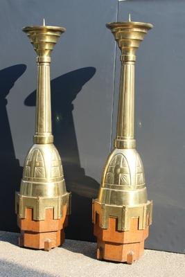 Exceptional Candle Sticks Height 185 Cm ! style ART - DECO en Brass Some Parts Hand Hammered / Wood Oak, Dutch 20th century ( anno 1930 )