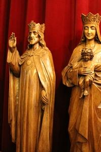 Statues  King Christ And St. Mary With Child. Signed E De Soil style ART - DECO en hand-carved wood , Dutch 20th century (1920)