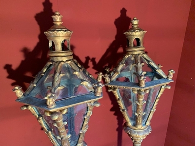 Exceptional Pair Of Large Baroque Venetian Lanterns  style Baroque en wood polychrome / Glass, Italy 18 th century