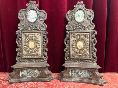 Pair Baroque - Style Altar - Reliquaries Multiple Relics Of Saints From Before The Schism ( Year 500 ).