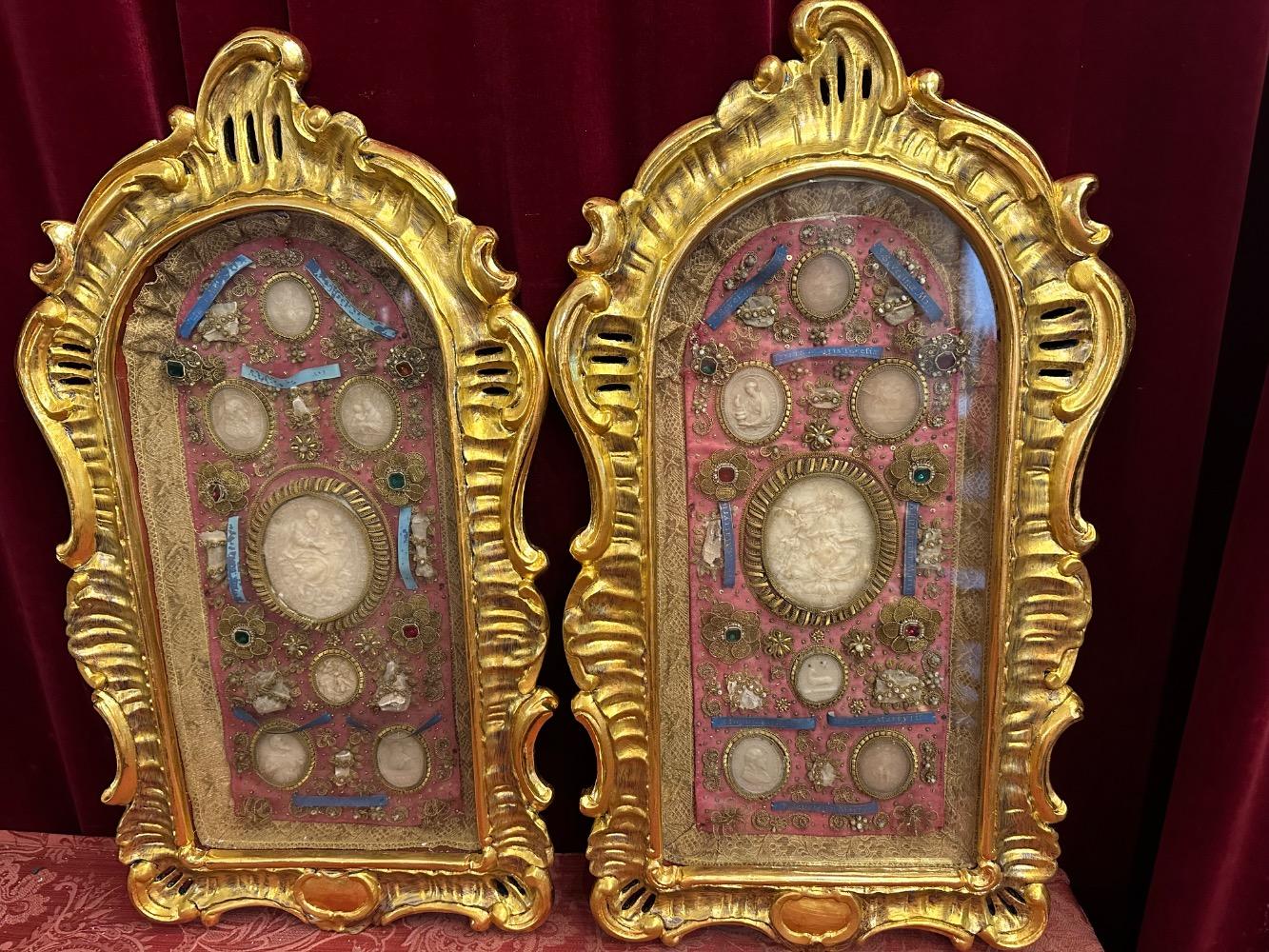 Pair Baroque - Style Exceptional Multi - Reliquaries. Relics : St. Lucia. St. Victor. St. Severinae. St. Fulgentia. St. Bonifacius. St. Vestina & More.